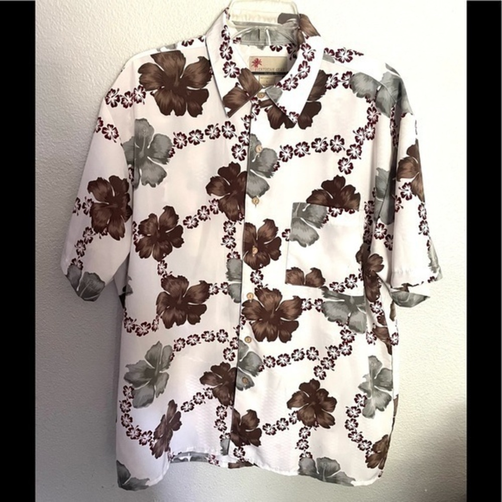 EXTREME GEAR mens vintage hibiscus flower Hawaiian aloha shirt gray/brown- large